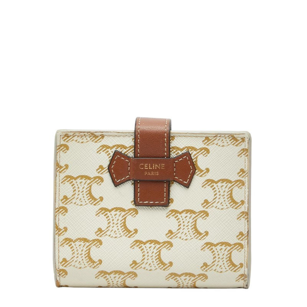 Celine Triomphe Strap Wallet Bi fold Ivory White Brown Leather